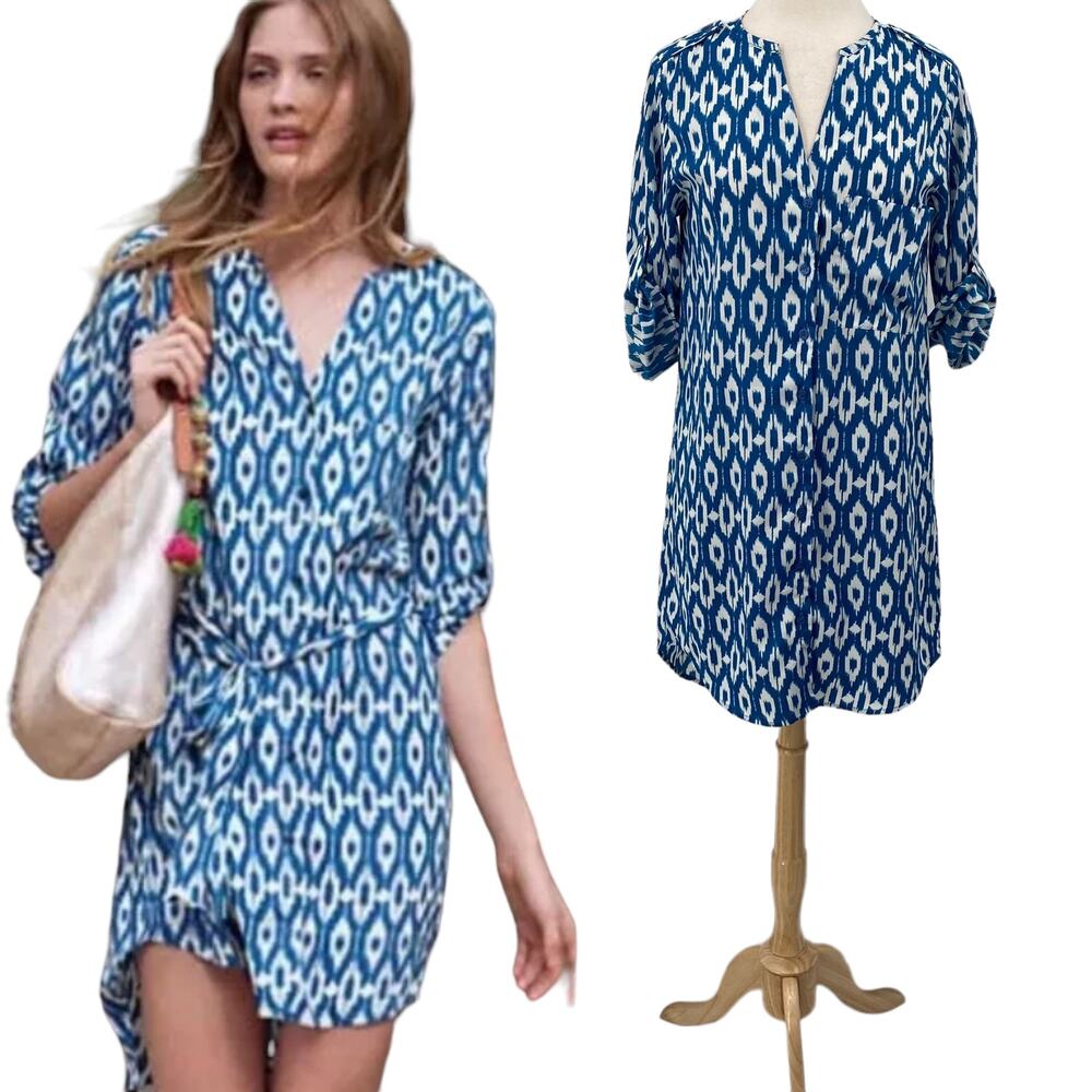 Anthropologie Maeve Mini Shirt Dress Button Down Tunic Ikat Pattern Blue White S